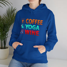 Coffee Yoga Wine hooded sweatshirt features a classic pullover design