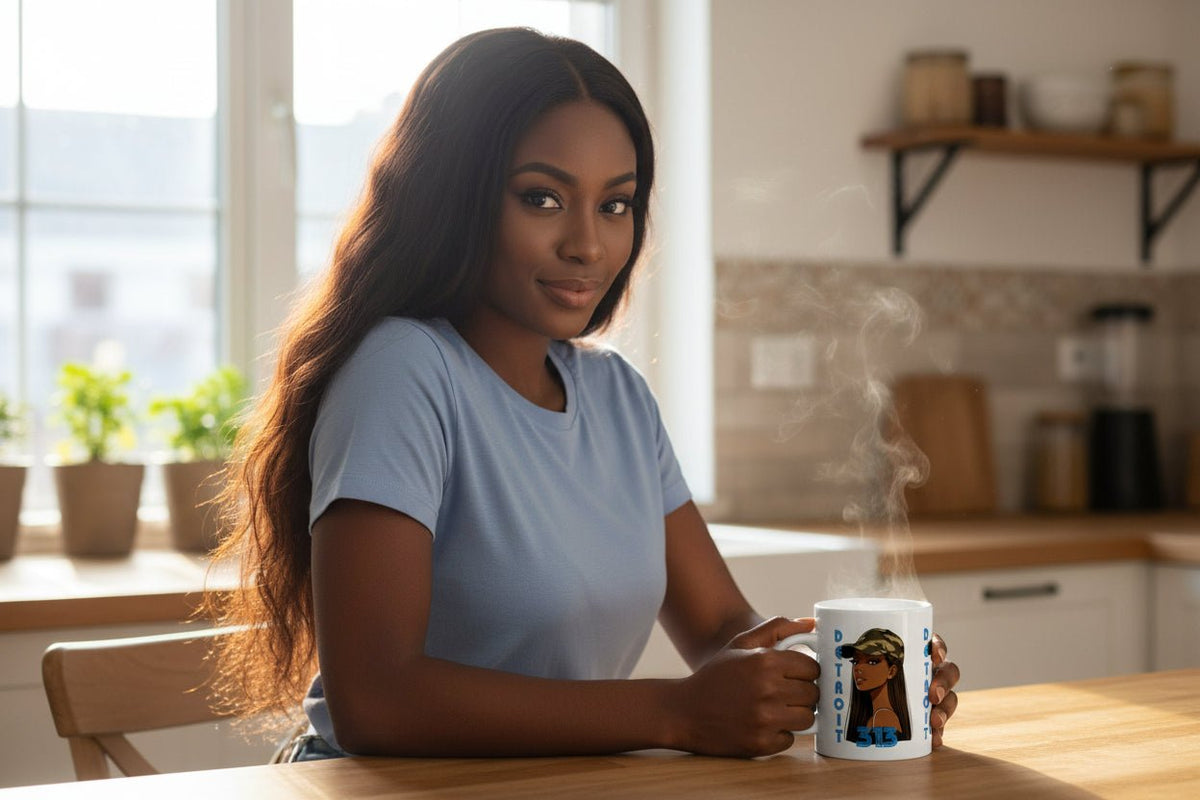Detroit 313 Girl Ceramic 110z Mug — Camouflage Cap Afrocentric Coffee Cup - WJMAPPAREL.COM