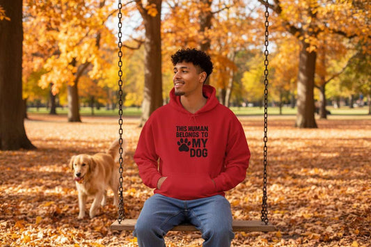 Funny Dog Hoodie – “This Human Belongs To My Dog” Cozy Sweatshirt Gift for Dog Moms & Dog Dads - WJMAPPAREL.COM