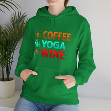 Coffee Yoga Wine hooded sweatshirt features a classic pullover design