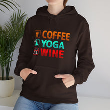 Coffee Yoga Wine hooded sweatshirt features a classic pullover design