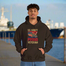 Proud U.S. Navy Veteran hooded sweatshirt features a classic pullover