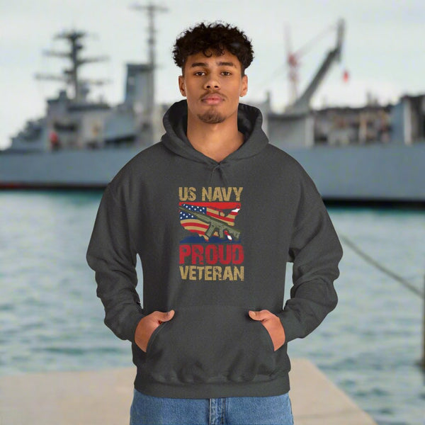 Proud U.S. Navy Veteran hooded sweatshirt features a classic pullover