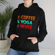 Coffee Yoga Wine hooded sweatshirt features a classic pullover design