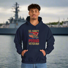 Proud U.S. Navy Veteran hooded sweatshirt features a classic pullover