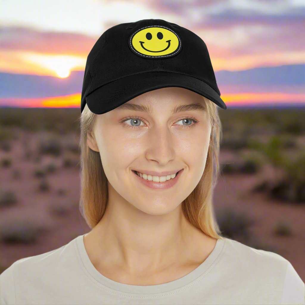 Smiley Face Hat with Leather Patch – Trendy Adjustable Dad Cap Gift - WJMAPPAREL.COM