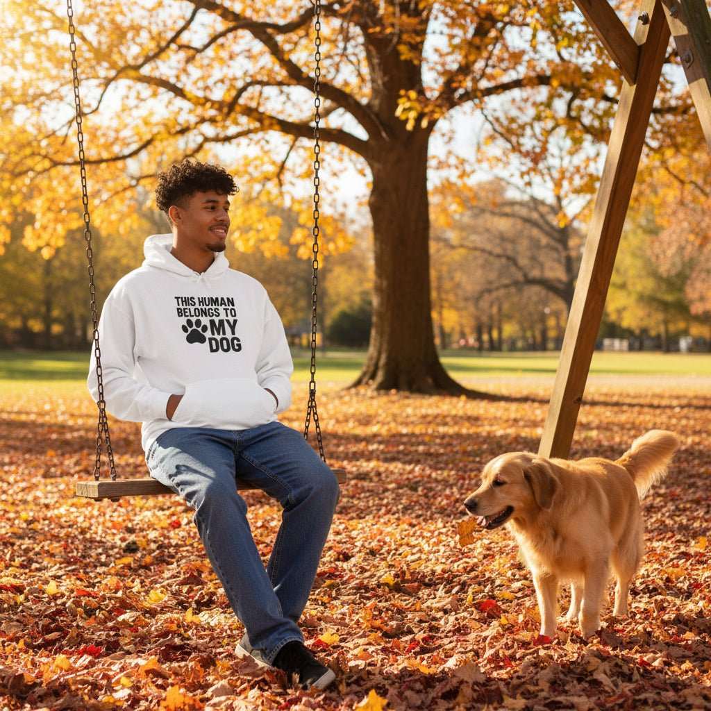 Funny Dog Hoodie – “This Human Belongs To My Dog” Cozy Sweatshirt Gift for Dog Moms & Dog Dads - WJMAPPAREL.COM