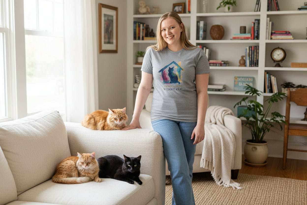 Artistic Cat Lover Gift – Watercolor Cat Inside House T-Shirt for Cozy Cat Moms - WJMAPPAREL.COM
