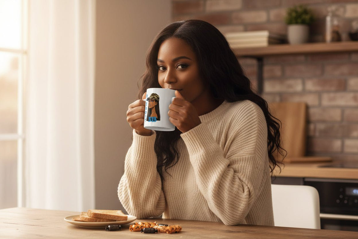 Detroit 313 Girl Ceramic 110z Mug — Camouflage Cap Afrocentric Coffee Cup - WJMAPPAREL.COM