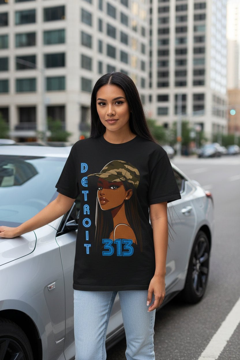 Detroit 313 Tee — Girl in Camo Cap Graphic T-Shirt - WJMAPPAREL.COM