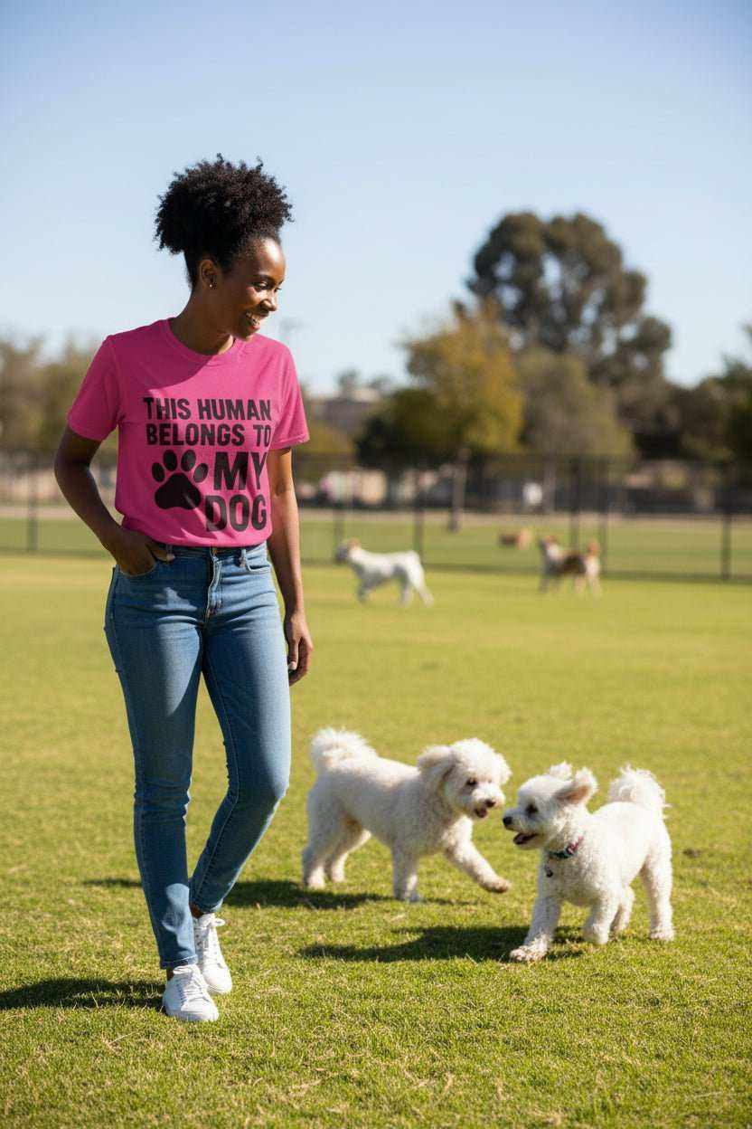 Funny Dog Owner T-Shirt – “This Human Belongs To My Dog” Gift for Dog Moms, Dog Dads & Pet Lovers - WJMAPPAREL.COM