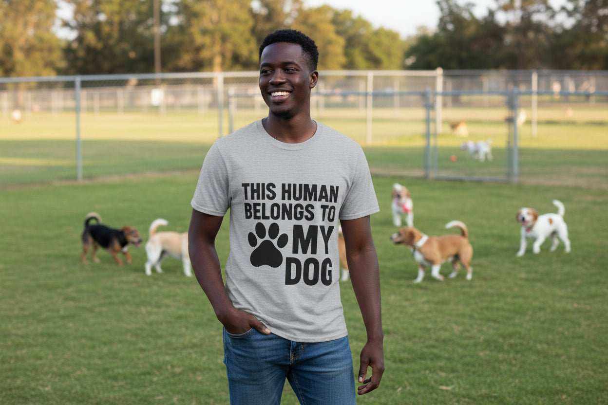 Funny Dog Owner T-Shirt – “This Human Belongs To My Dog” Gift for Dog Moms, Dog Dads & Pet Lovers - WJMAPPAREL.COM