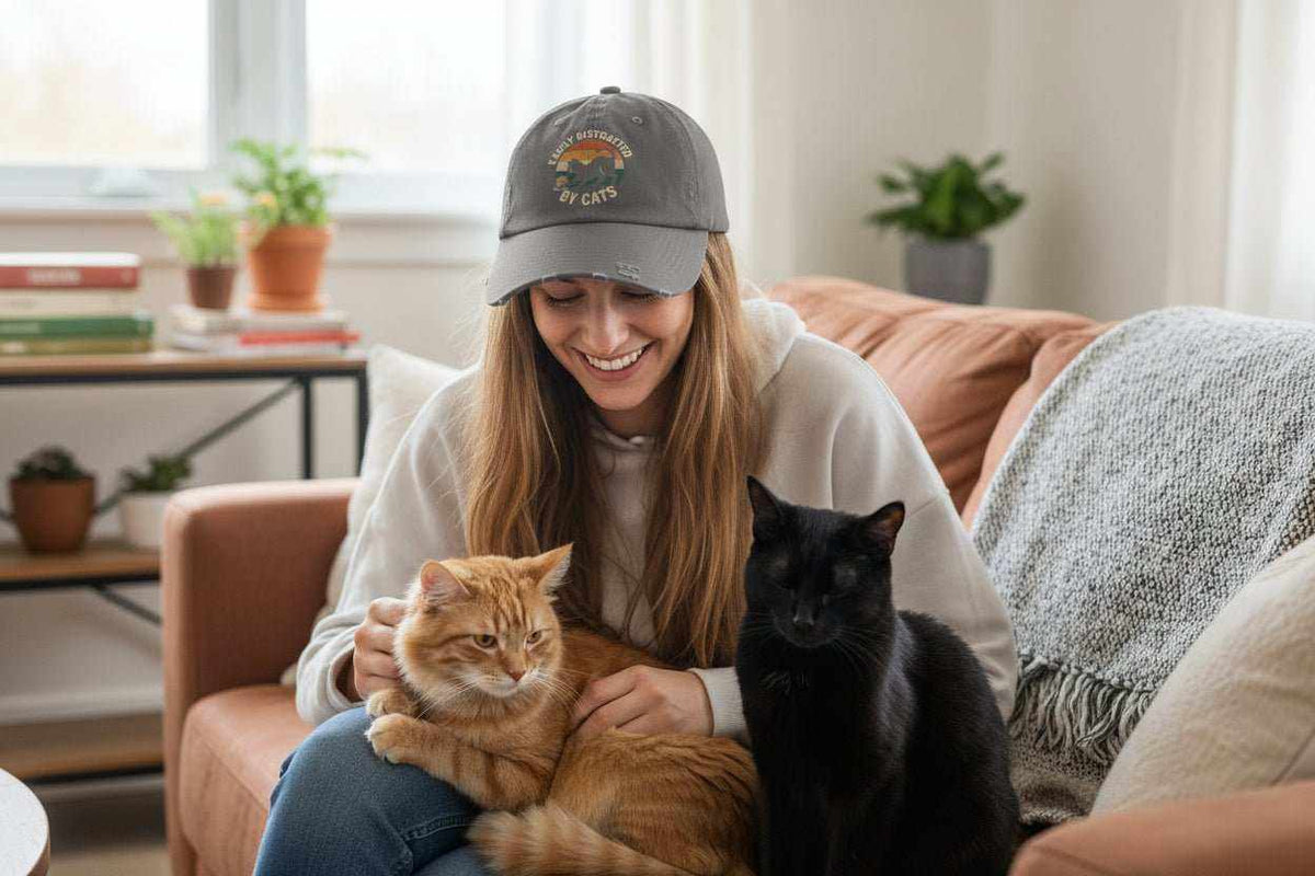 Easily Distracted By Cats Hat – Funny Cat Lover Distressed Baseball Cap - WJMAPPAREL.COM