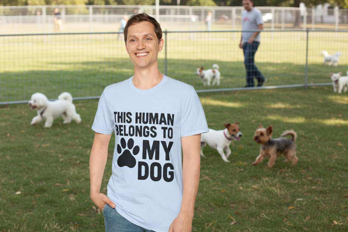 Funny Dog Owner T-Shirt – “This Human Belongs To My Dog” Gift for Dog Moms, Dog Dads & Pet Lovers - WJMAPPAREL.COM