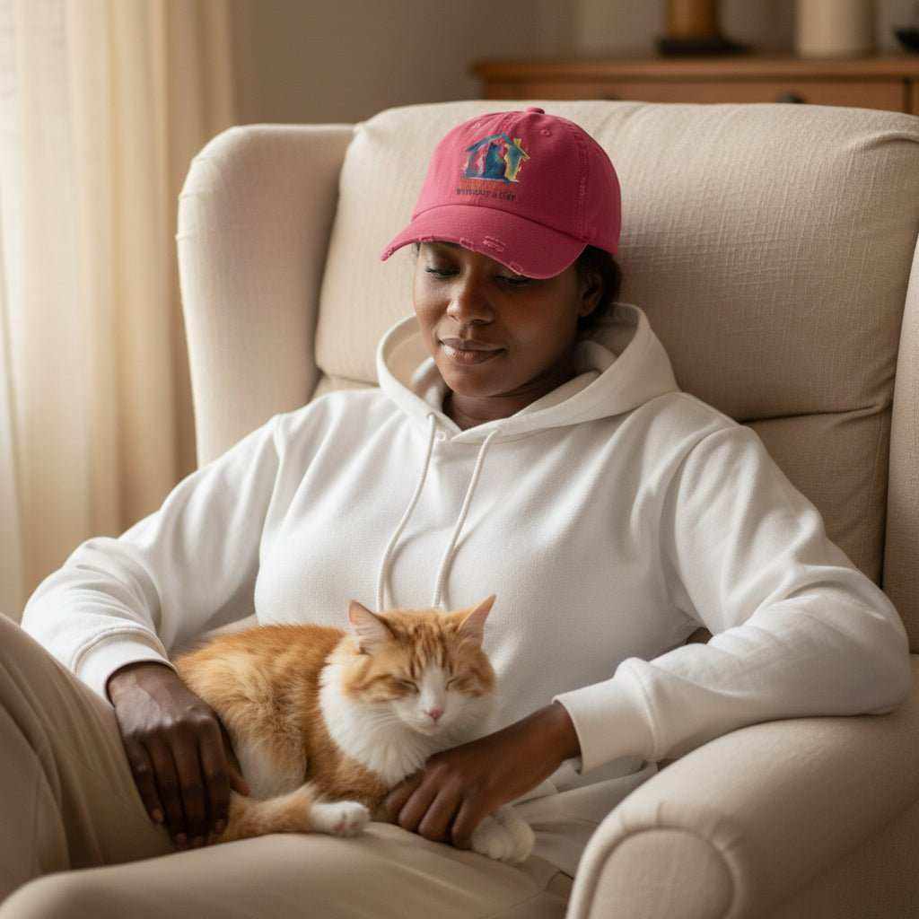 Watercolor Cat Inside House Hat – Cute Cat Lover Distressed Baseball Cap Gift - WJMAPPAREL.COM