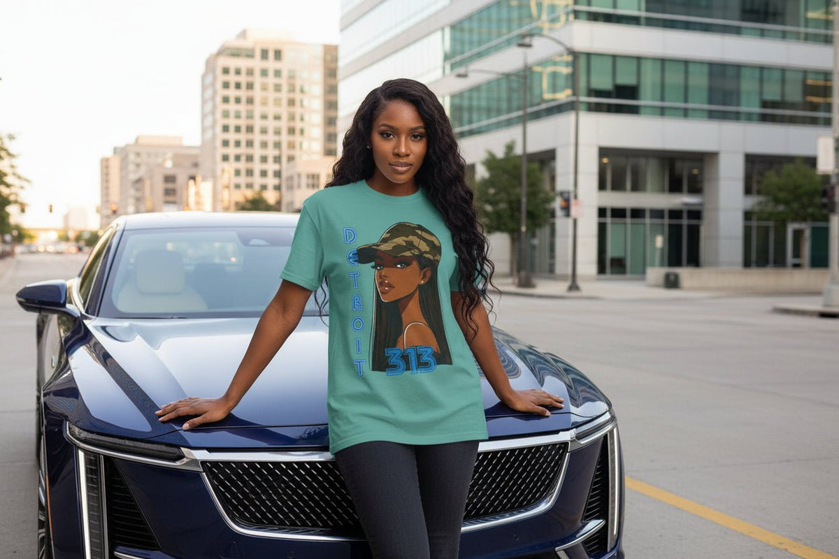 Detroit 313 Tee — Girl in Camo Cap Graphic T-Shirt - WJMAPPAREL.COM