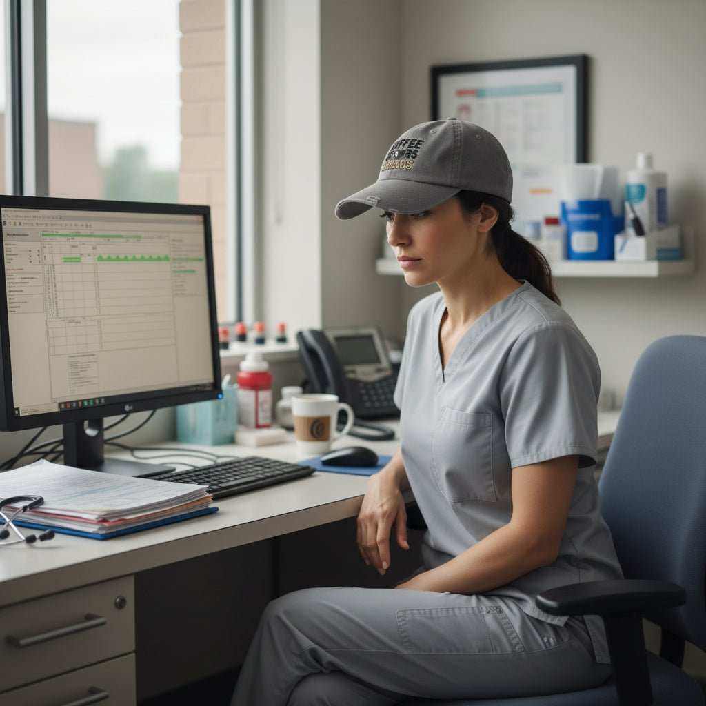 Funny Nurse Hat – “Coffee Scrubs Chaos” Distressed Cap Gift for Hospital Staff - WJMAPPAREL.COM