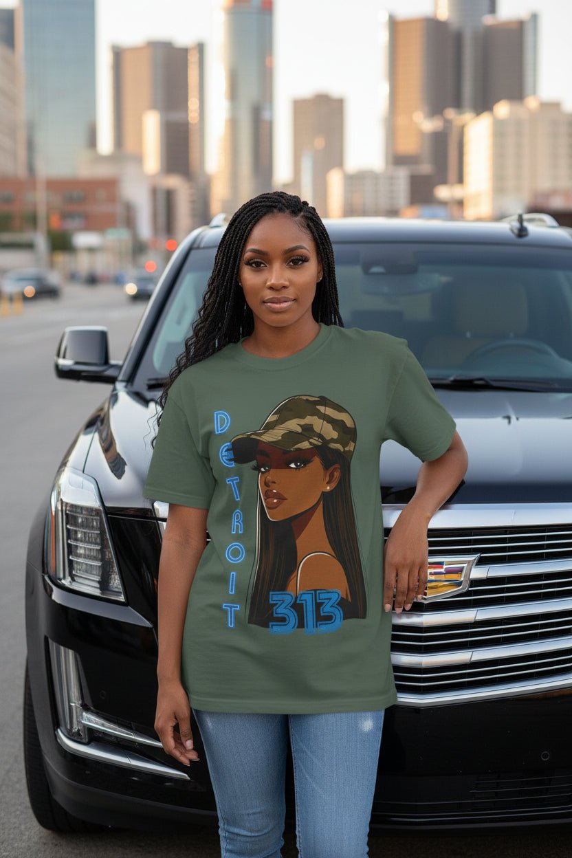 Detroit 313 Tee — Girl in Camo Cap Graphic T-Shirt - WJMAPPAREL.COM
