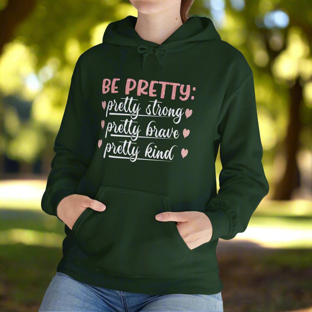 Be Pretty hooded sweatshirt features a classic pullover design with a 