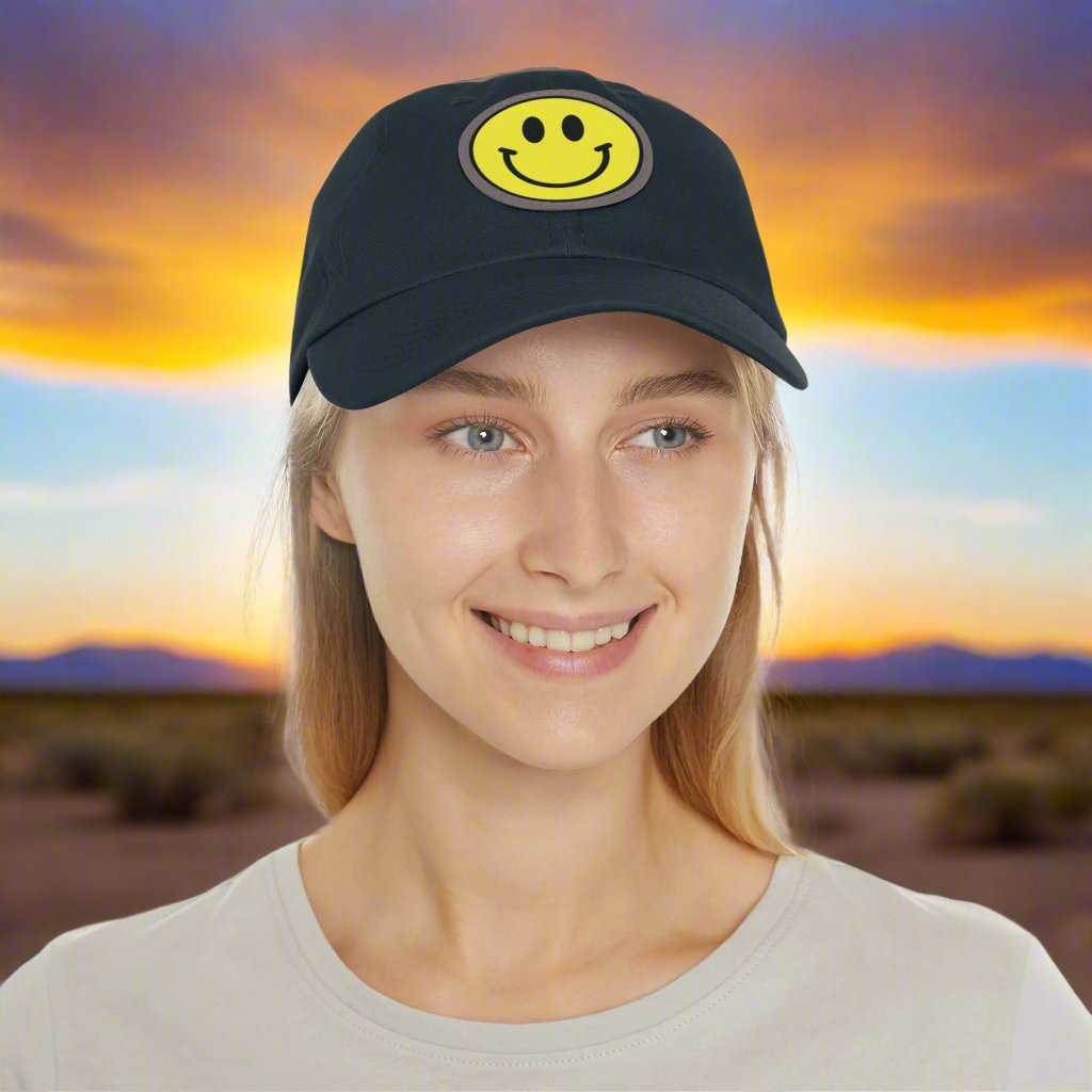 Smiley Face Hat with Leather Patch – Trendy Adjustable Dad Cap Gift - WJMAPPAREL.COM