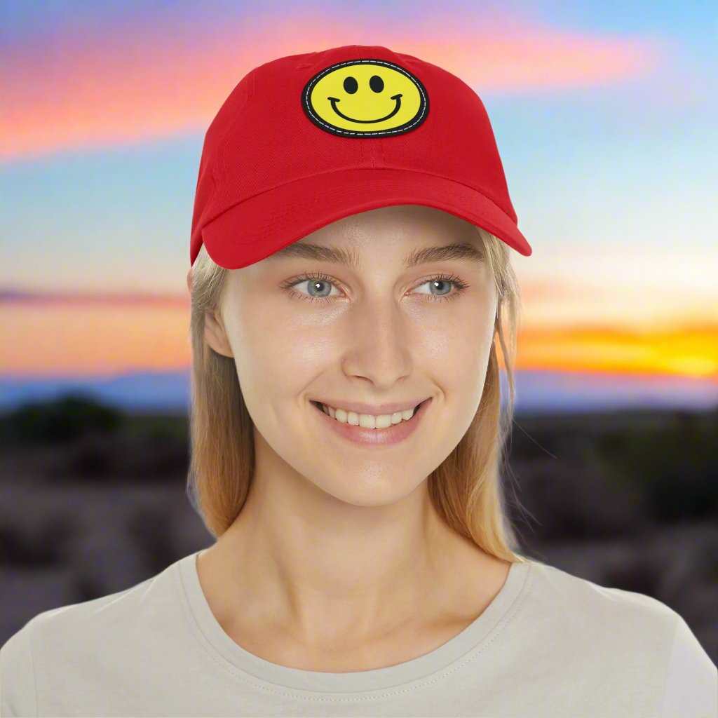 Smiley Face Hat with Leather Patch – Trendy Adjustable Dad Cap Gift - WJMAPPAREL.COM