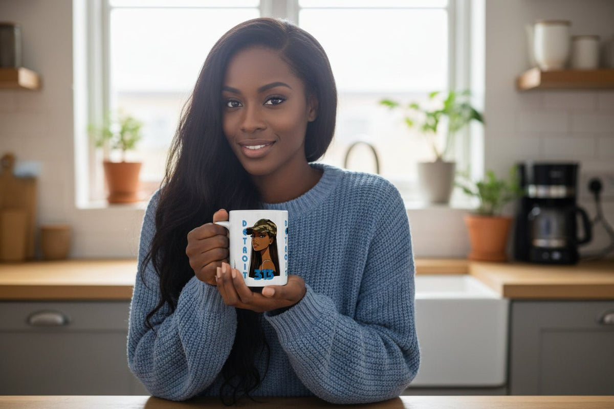 Detroit 313 Girl Ceramic 110z Mug — Camouflage Cap Afrocentric Coffee Cup - WJMAPPAREL.COM