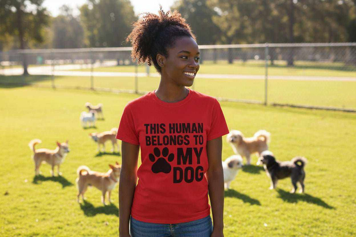 Funny Dog Owner T-Shirt – “This Human Belongs To My Dog” Gift for Dog Moms, Dog Dads & Pet Lovers - WJMAPPAREL.COM