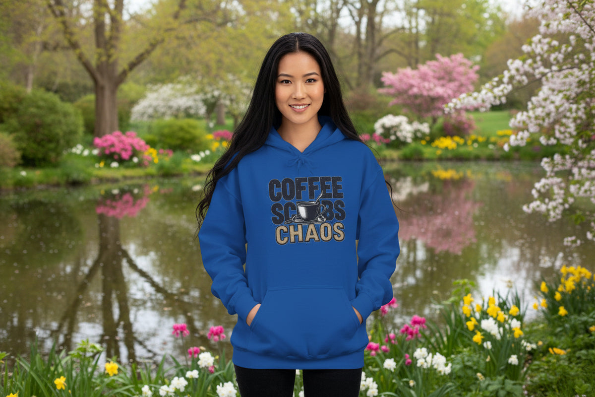 Funny Nurse Hoodie – “Coffee Scrubs Chaos” Cozy Gift for Nurses or Hospital Workers