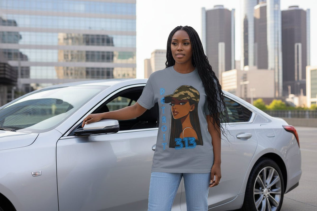 Detroit 313 Tee — Girl in Camo Cap Graphic T-Shirt - WJMAPPAREL.COM