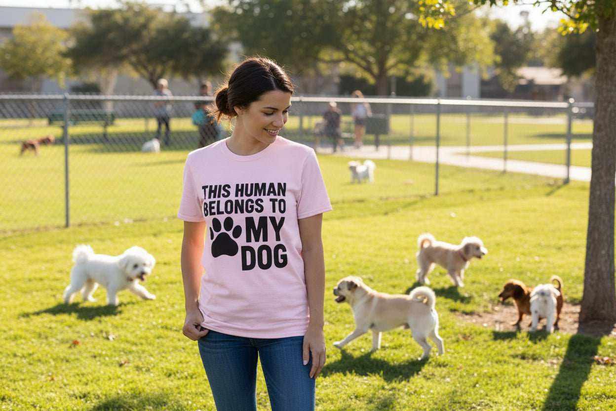 Funny Dog Owner T-Shirt – “This Human Belongs To My Dog” Gift for Dog Moms, Dog Dads & Pet Lovers - WJMAPPAREL.COM