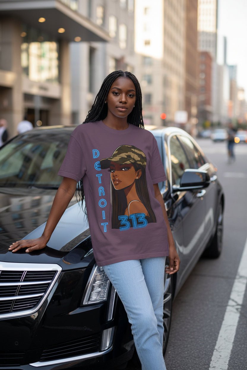 Detroit 313 Tee — Girl in Camo Cap Graphic T-Shirt - WJMAPPAREL.COM