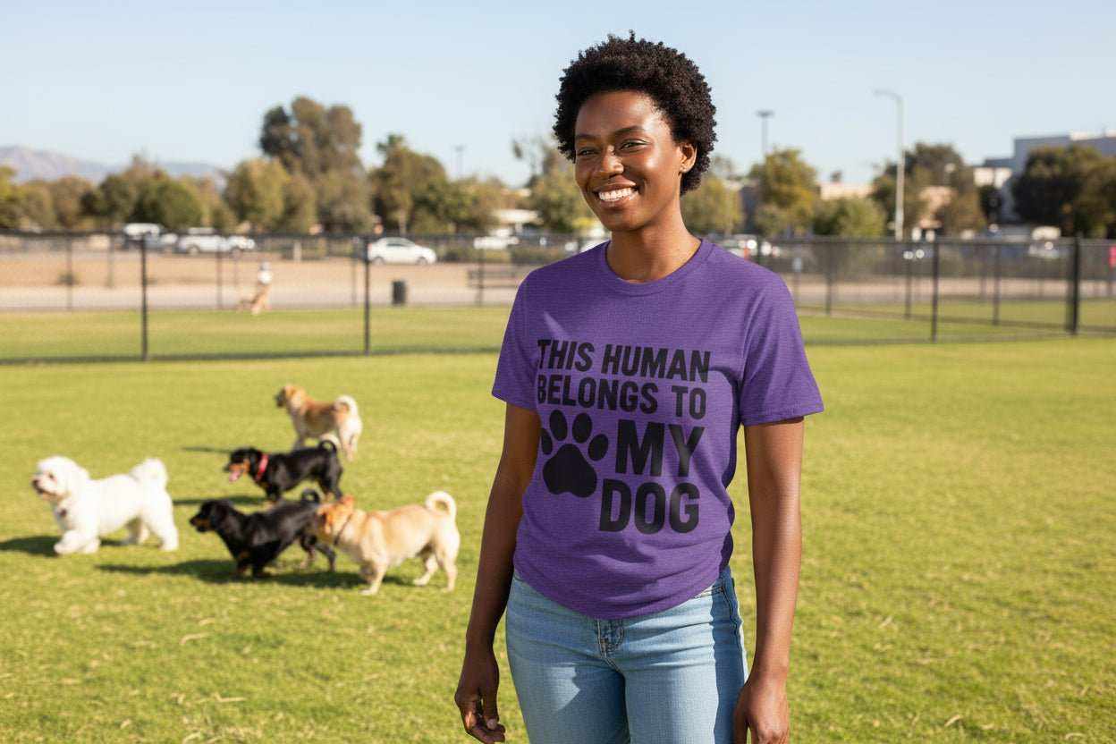 Funny Dog Owner T-Shirt – “This Human Belongs To My Dog” Gift for Dog Moms, Dog Dads & Pet Lovers - WJMAPPAREL.COM