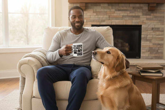 Funny Dog Lover Mug – “This Human Belongs To My Dog” 11oz Ceramic Coffee Gift for Dog Moms & Dog Dads - WJMAPPAREL.COM