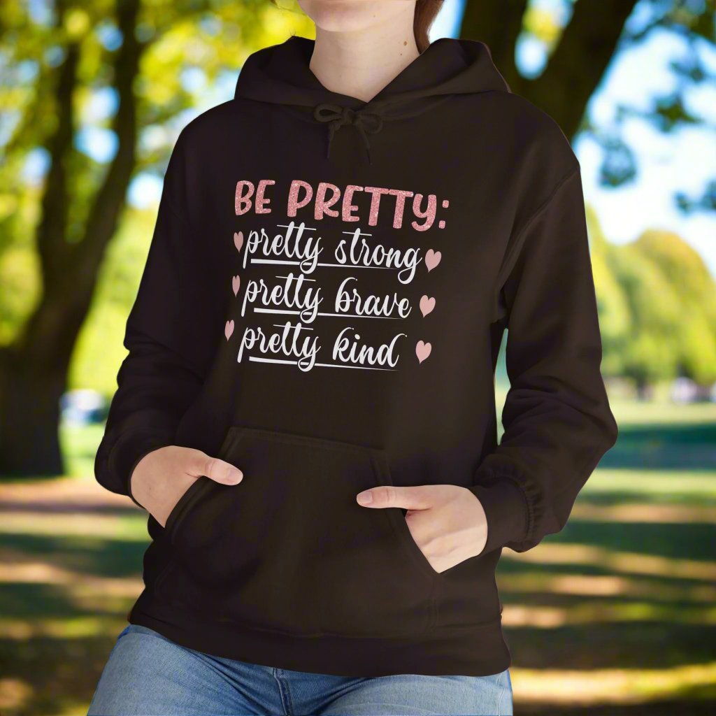 Be Pretty hooded sweatshirt features a classic pullover design with a 