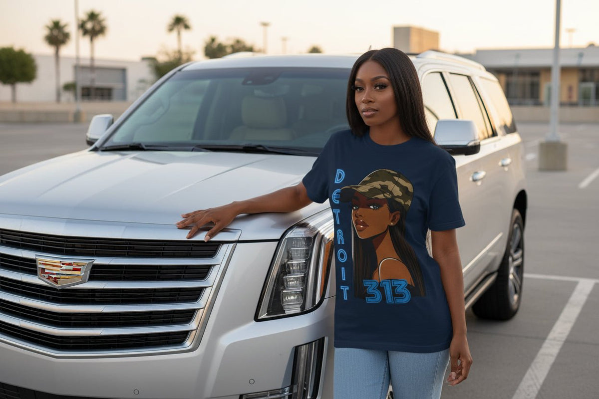 Detroit 313 Tee — Girl in Camo Cap Graphic T-Shirt - WJMAPPAREL.COM