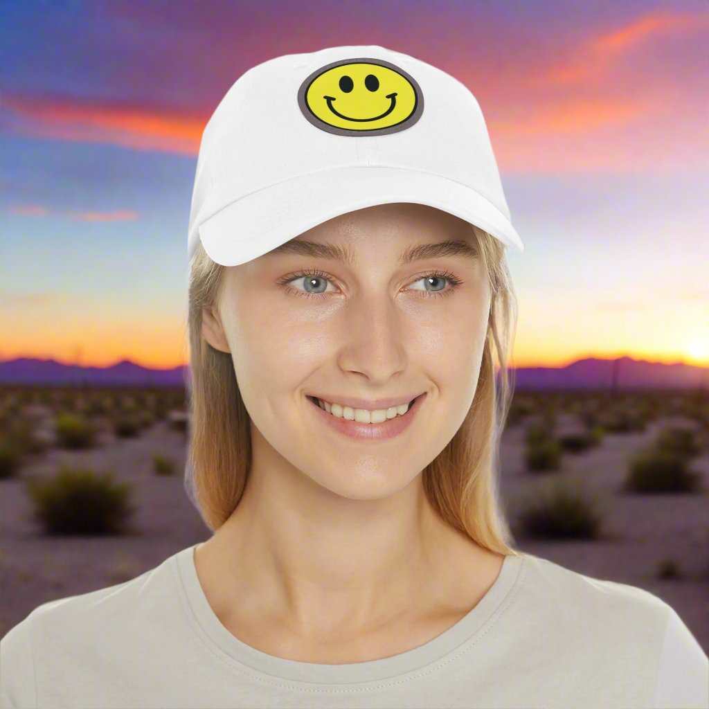 Smiley Face Hat with Leather Patch – Trendy Adjustable Dad Cap Gift - WJMAPPAREL.COM