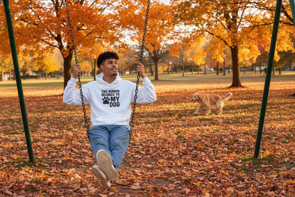 Funny Dog Hoodie – “This Human Belongs To My Dog” Cozy Sweatshirt Gift for Dog Moms & Dog Dads - WJMAPPAREL.COM