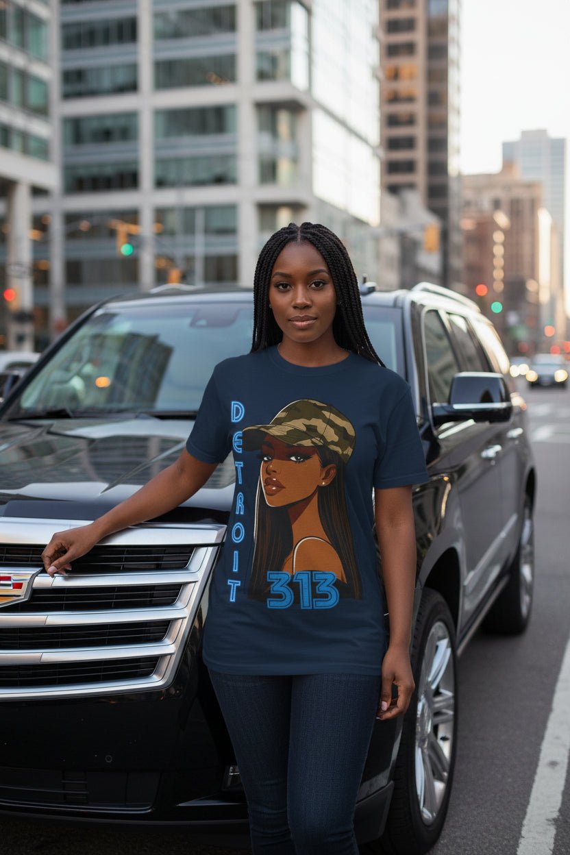 Detroit 313 Tee — Girl in Camo Cap Graphic T-Shirt - WJMAPPAREL.COM