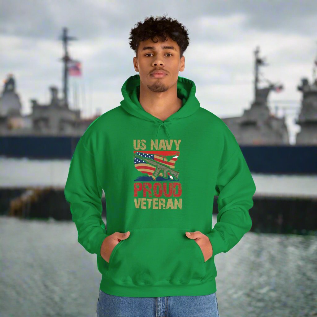 Proud U.S. Navy Veteran hooded sweatshirt features a classic pullover