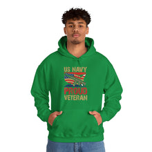 Proud U.S. Navy Veteran hooded sweatshirt features a classic pullover