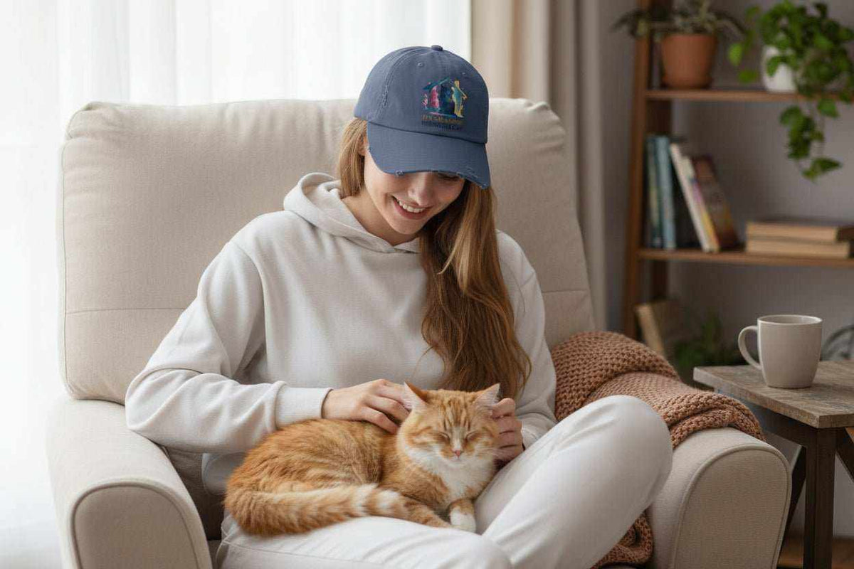 Watercolor Cat Inside House Hat – Cute Cat Lover Distressed Baseball Cap Gift - WJMAPPAREL.COM