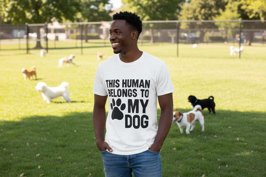 Funny Dog Owner T-Shirt – “This Human Belongs To My Dog” Gift for Dog Moms, Dog Dads & Pet Lovers - WJMAPPAREL.COM