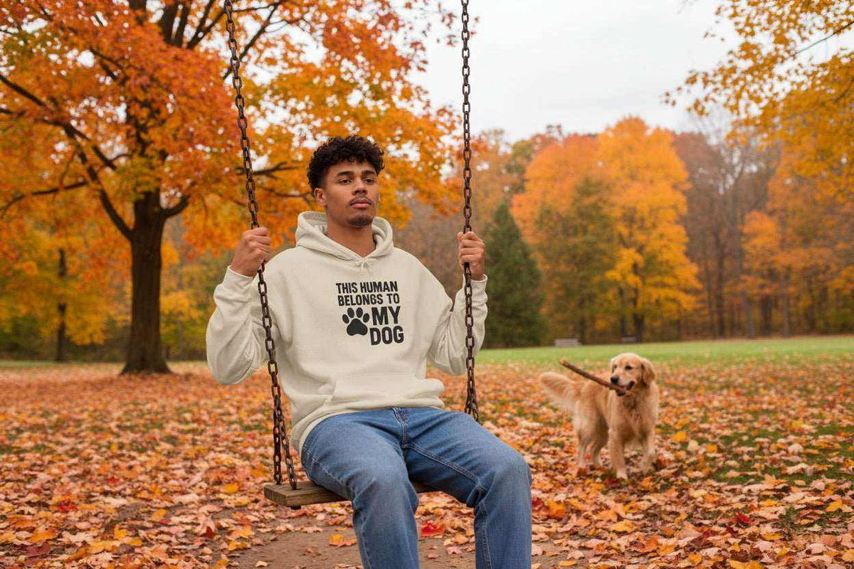 Funny Dog Hoodie – “This Human Belongs To My Dog” Cozy Sweatshirt Gift for Dog Moms & Dog Dads - WJMAPPAREL.COM
