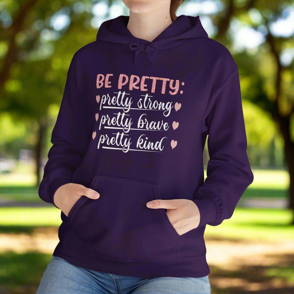 Be Pretty hooded sweatshirt features a classic pullover design with a 