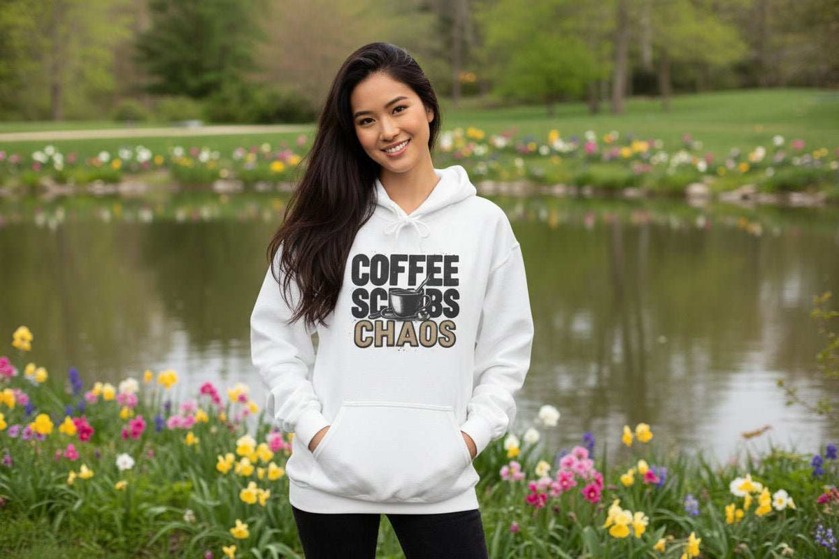 Funny Nurse Hoodie – “Coffee Scrubs Chaos” Cozy Gift for Nurses or Hospital Workers - WJMAPPAREL.COM