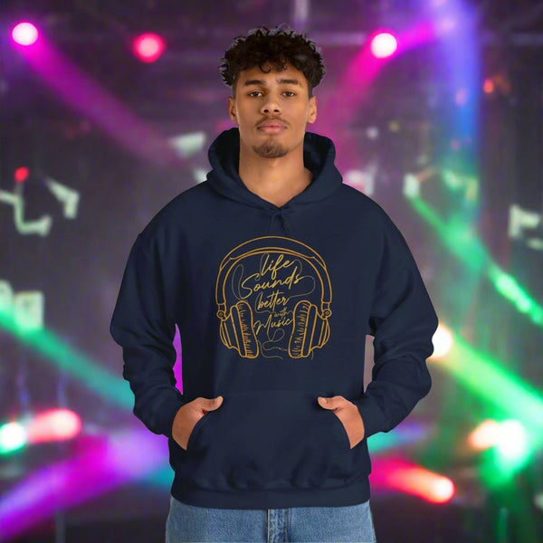 Life Sounds Better with Music hooded sweatshirt features a classic pul