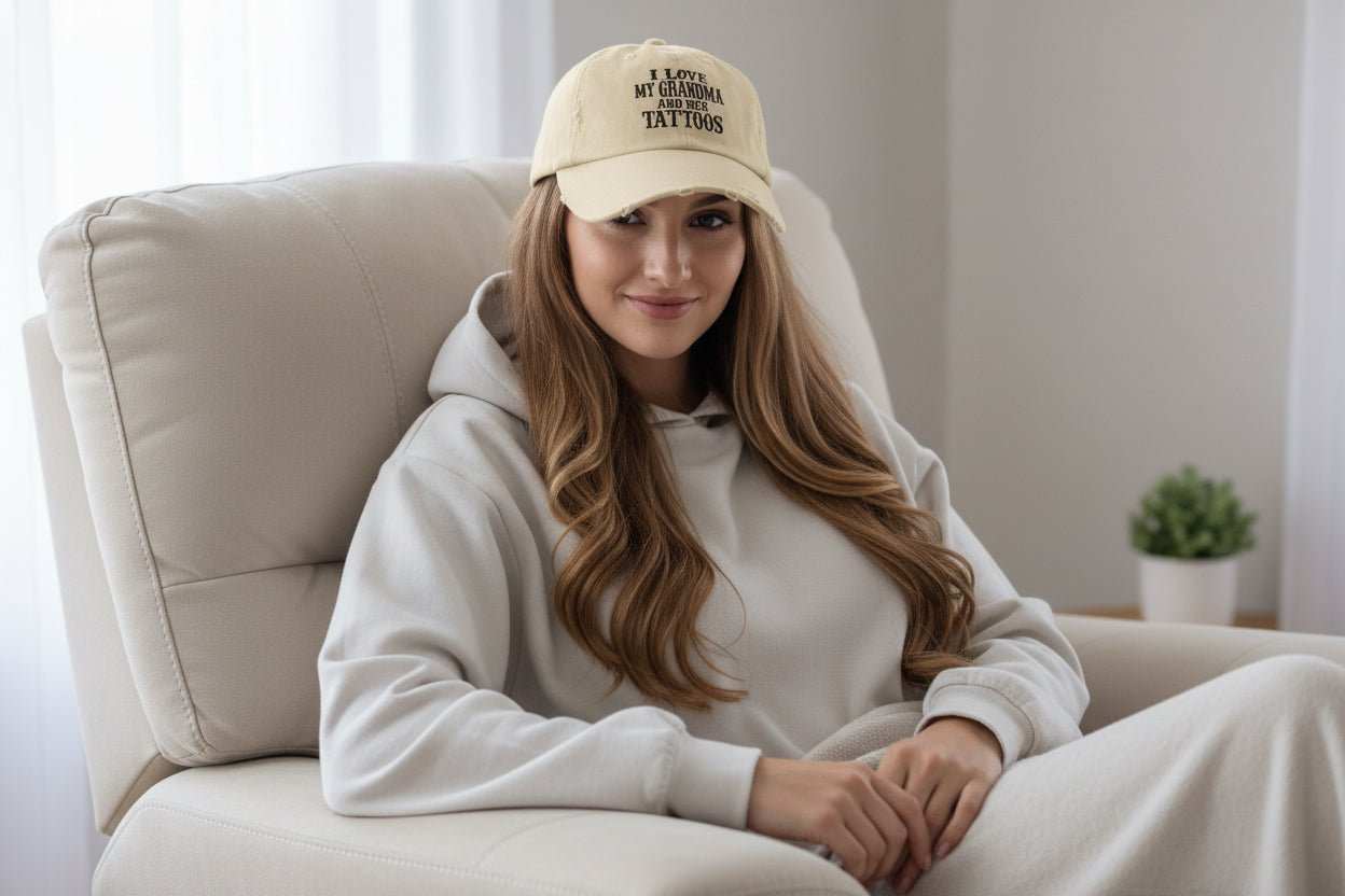 Funny Grandma Hat – “Love Grandma And Her Tattoos” Distressed Cap Gift for Mother’s Day or Birthday - WJMAPPAREL.COM