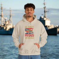 Proud U.S. Navy Veteran hooded sweatshirt features a classic pullover