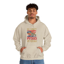 Proud U.S. Navy Veteran hooded sweatshirt features a classic pullover