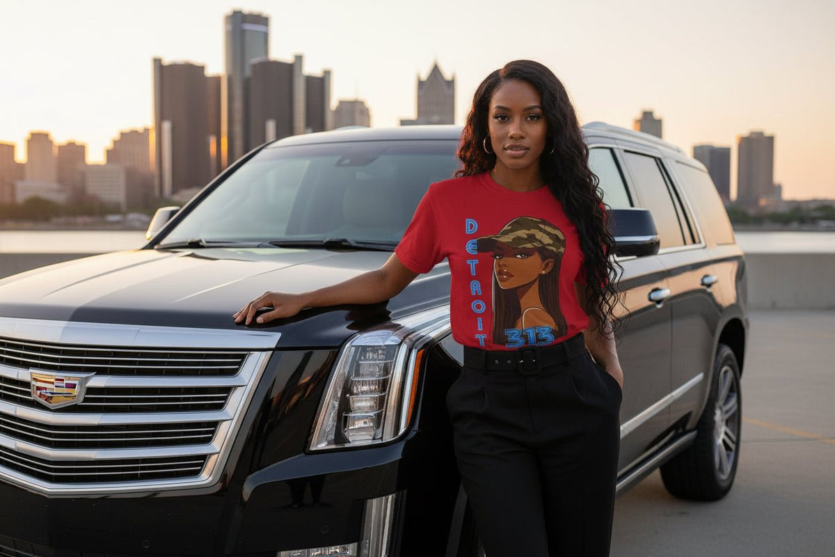 Detroit 313 Tee — Girl in Camo Cap Graphic T-Shirt - WJMAPPAREL.COM
